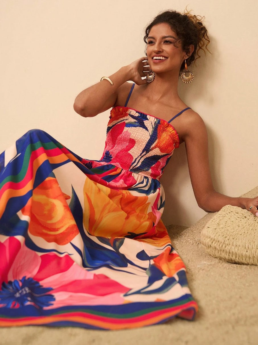 Smocked Printed Spaghetti Strap Maxi Dress - Plus Size Trendsi