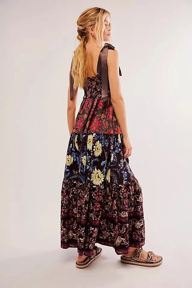 Floral Tiered Maxi Dress with Mixed Print Design Trendsi