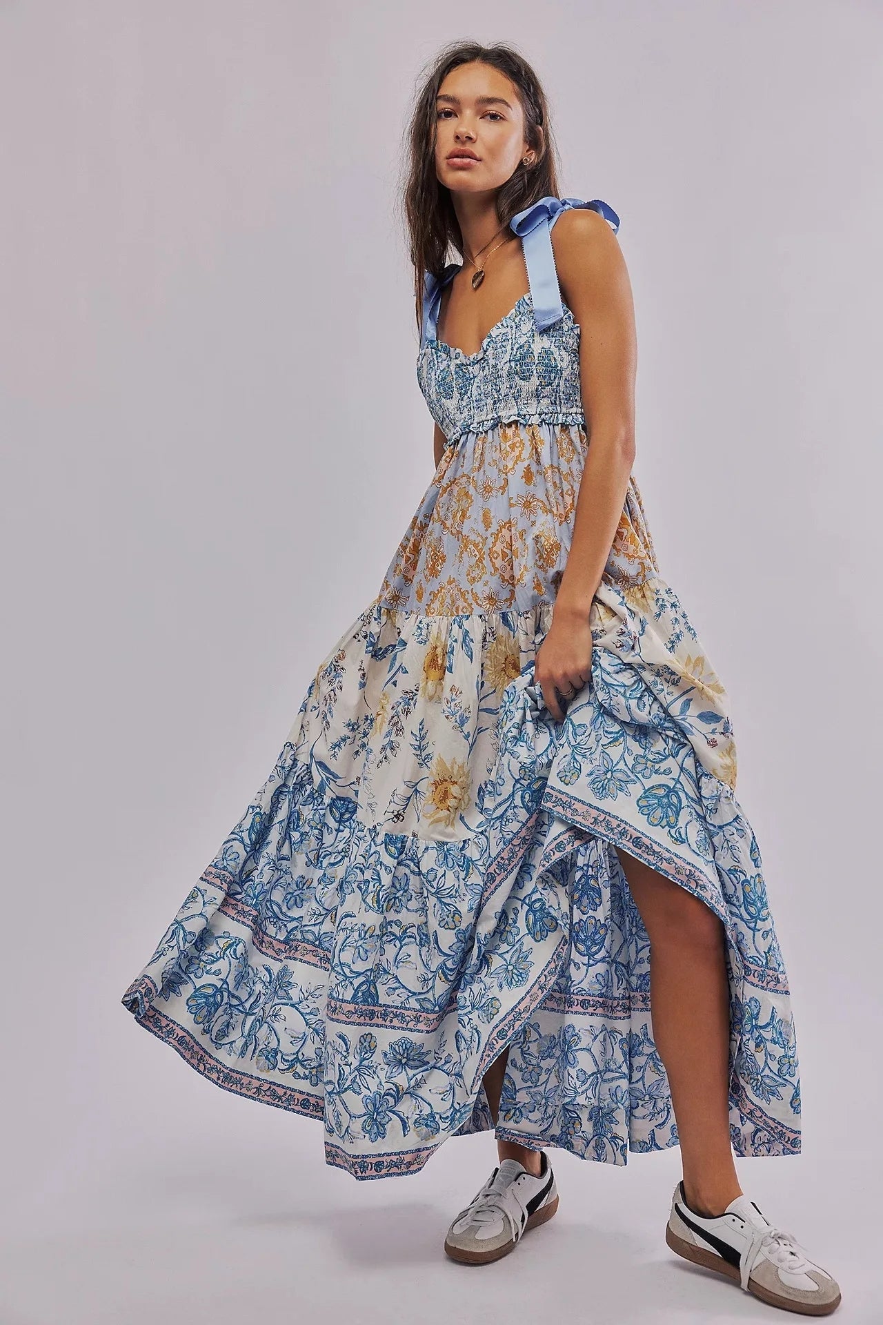 Floral Tiered Maxi Dress with Mixed Print Design Trendsi