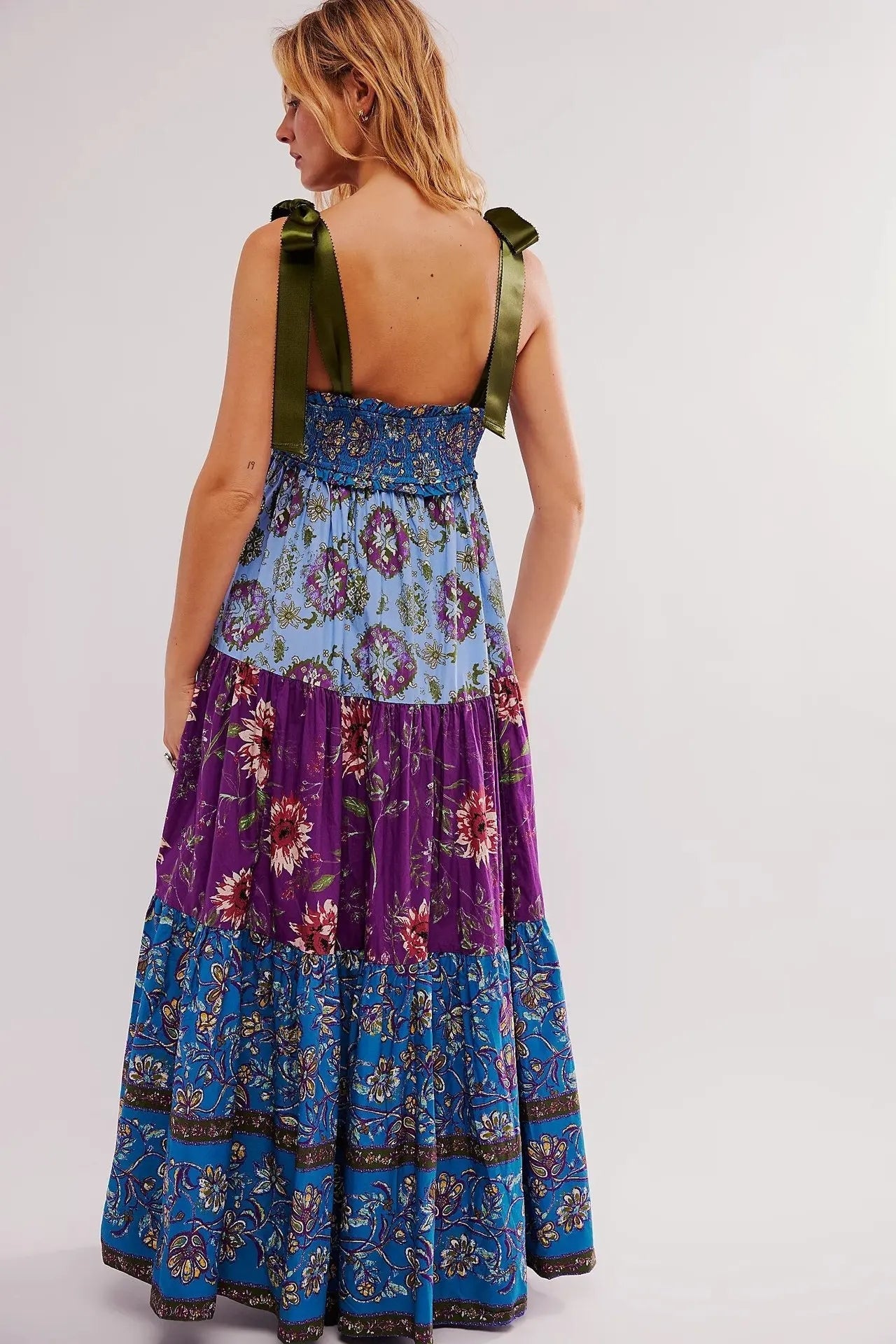 Floral Tiered Maxi Dress with Mixed Print Design Trendsi