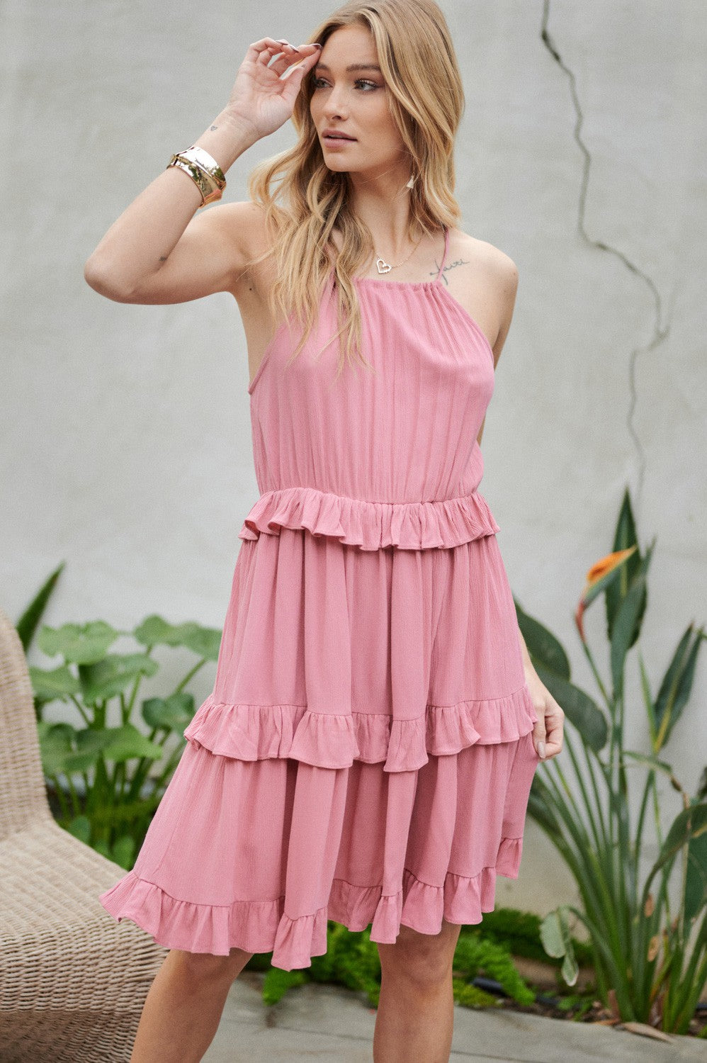 Solid Ruffle Tiered Sleeveless Mini Cami Dress Davi & Dani