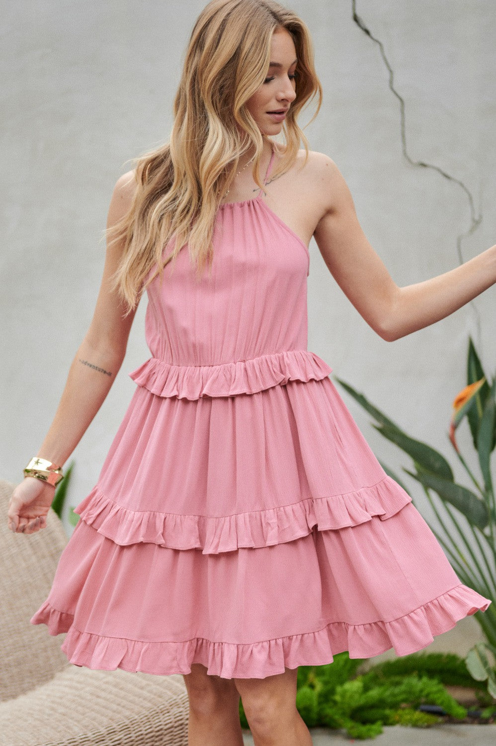 Solid Ruffle Tiered Sleeveless Mini Cami Dress Davi & Dani