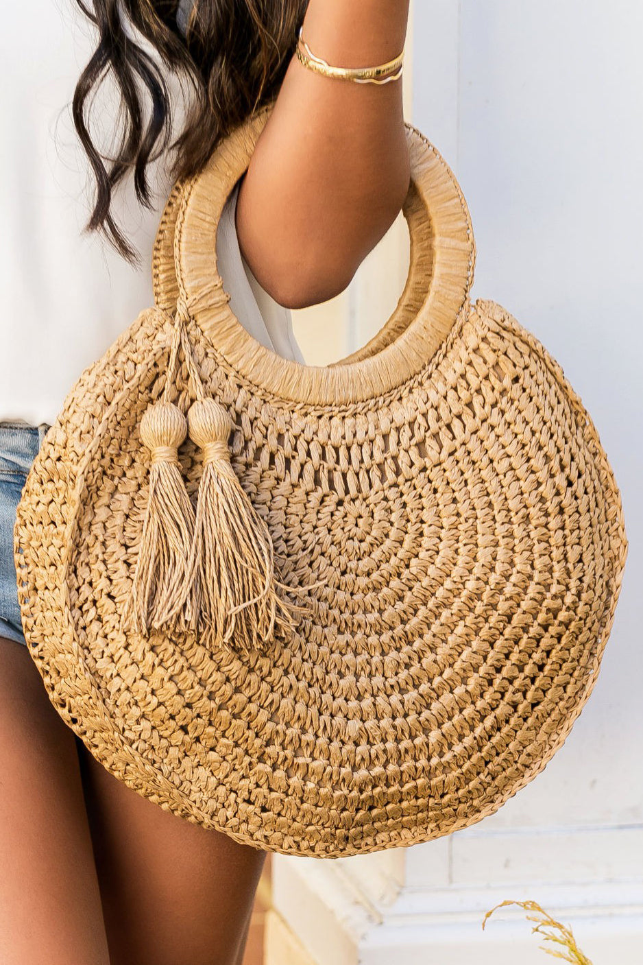 Straw Tassel O-Ring Round Tote Bag Aili's Corner