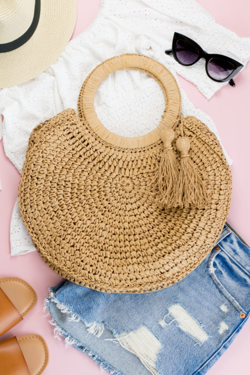 Straw Tassel O-Ring Round Tote Bag Aili's Corner
