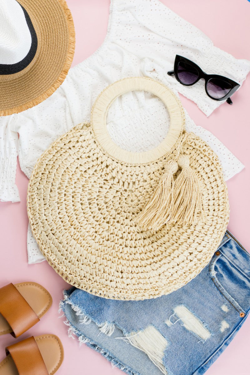 Straw Tassel O-Ring Round Tote Bag Aili's Corner