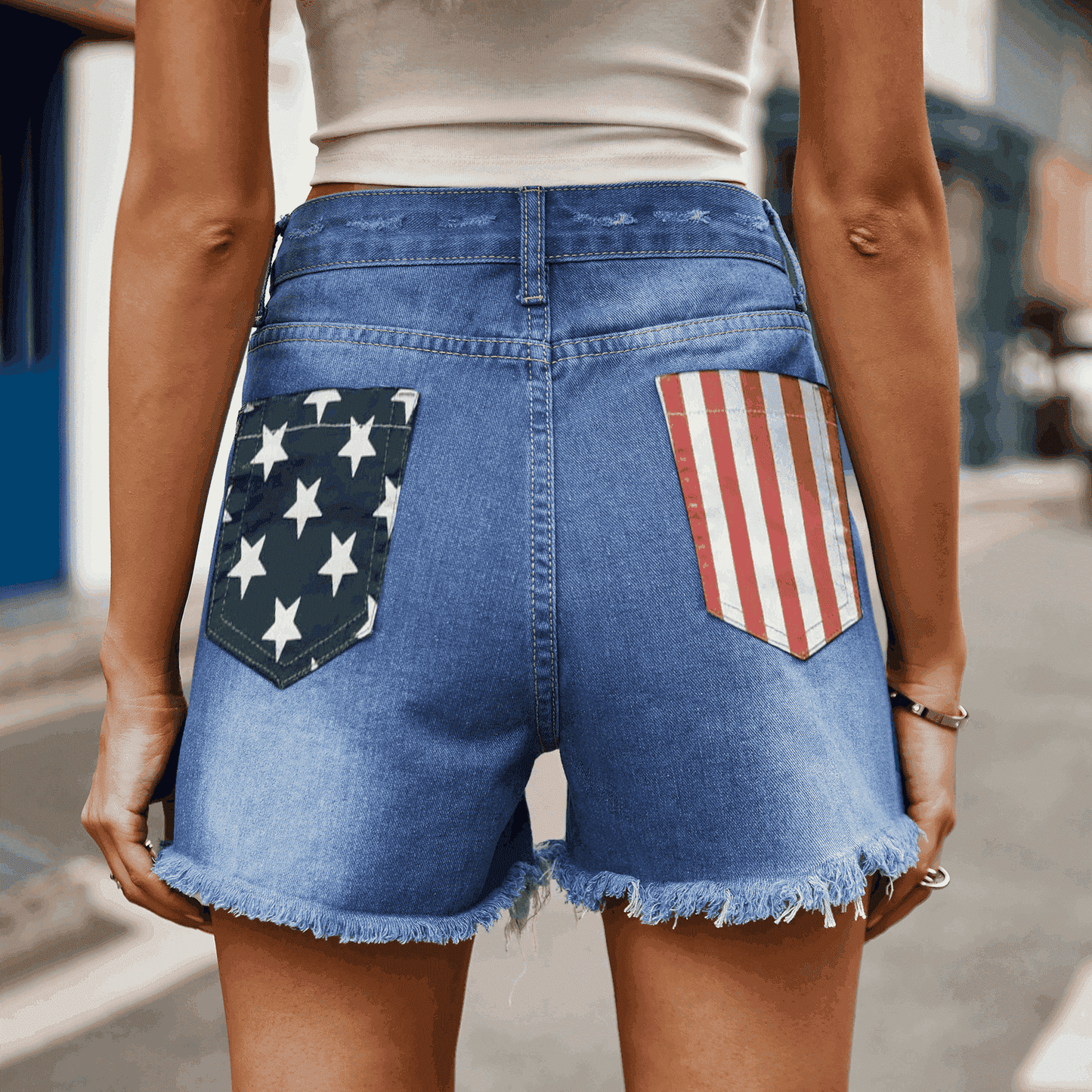 US Flag Distressed Denim Shorts Plus Size Trendsi