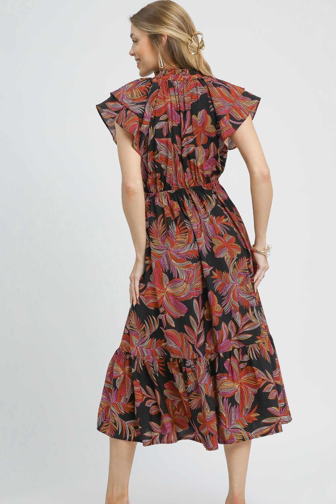 Umgee Mix Ruffle Sleeve Tropical Midi Dress DAME BOHEME