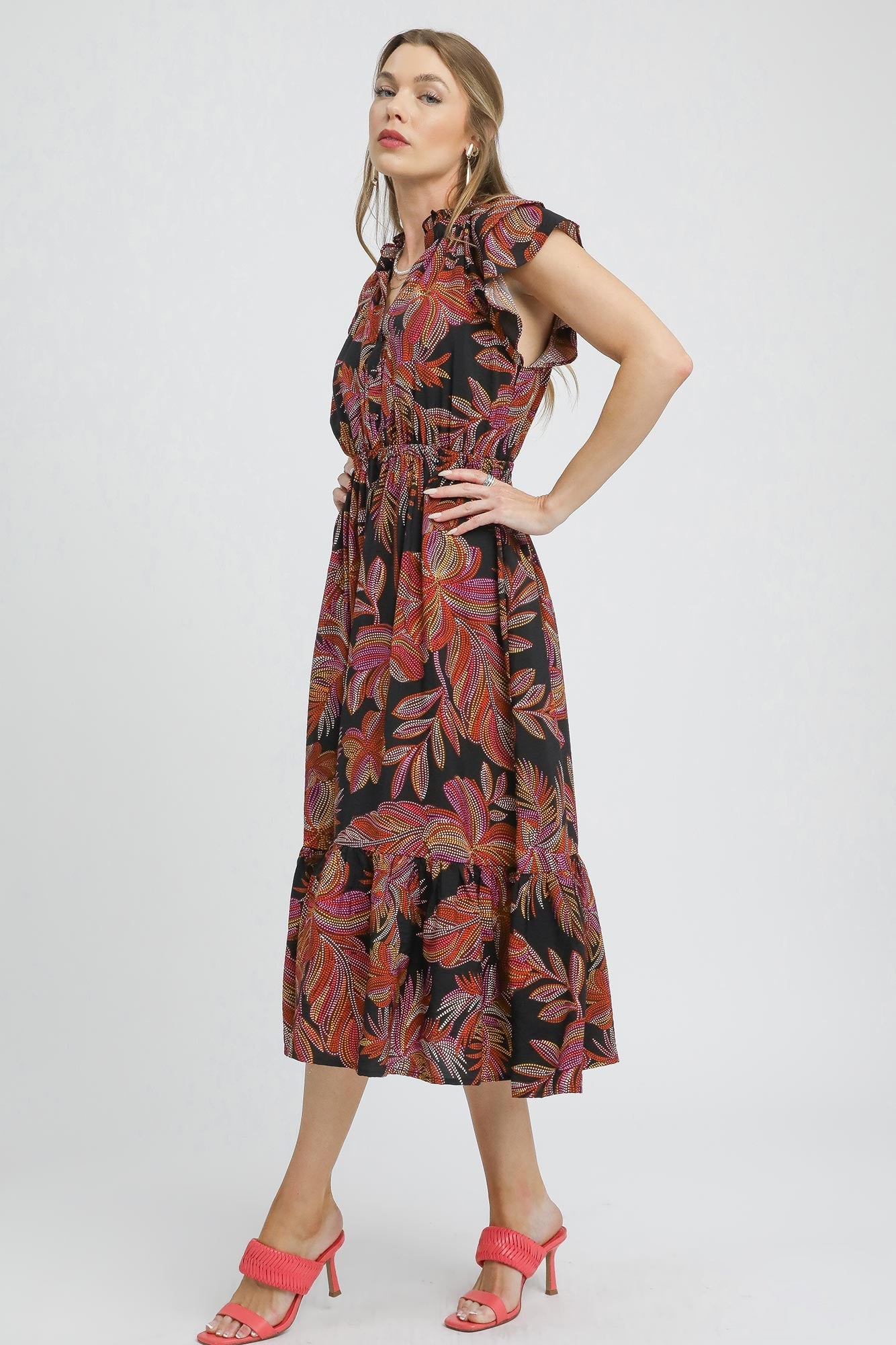 Umgee Mix Ruffle Sleeve Tropical Midi Dress DAME BOHEME