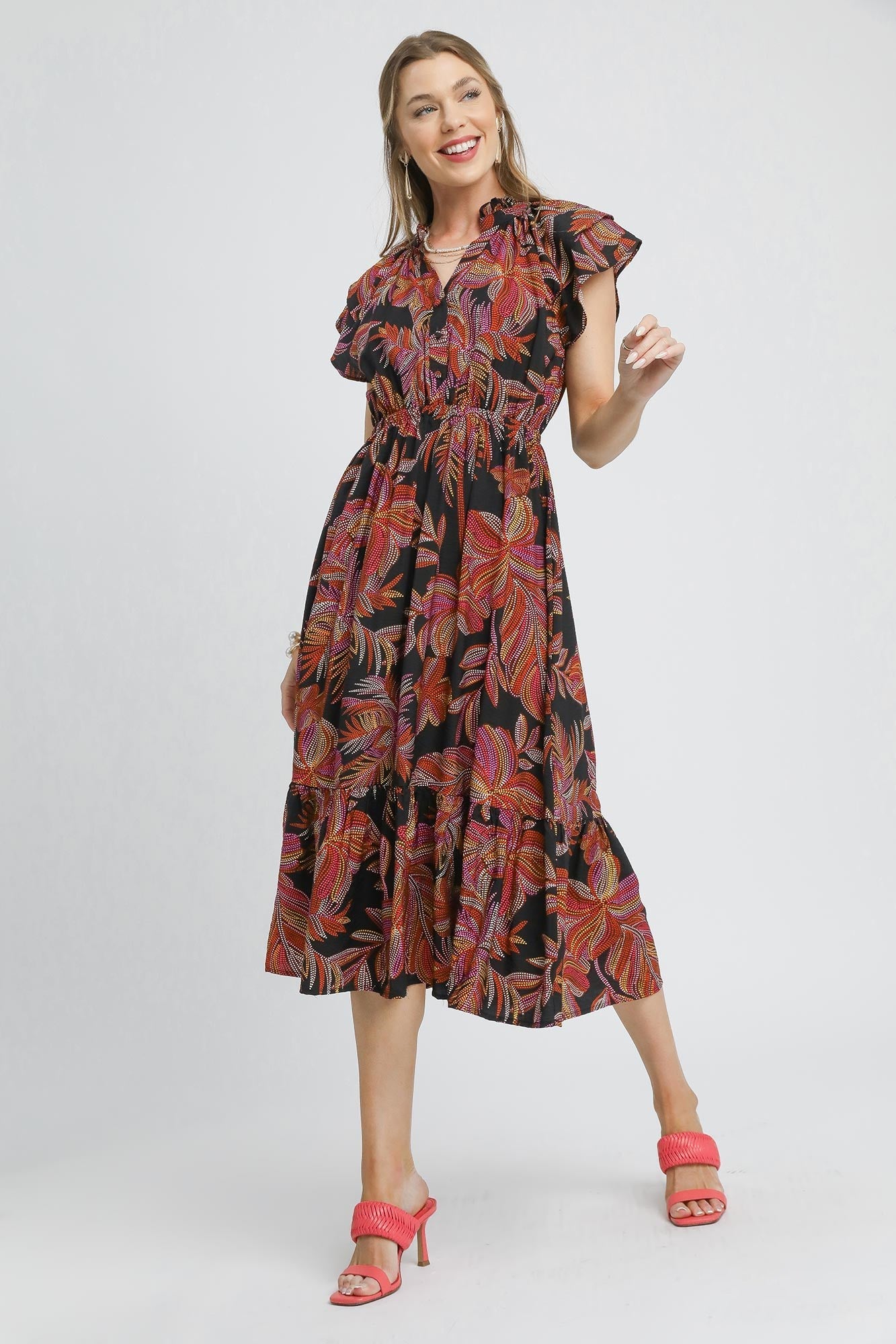 Umgee Mix Ruffle Sleeve Tropical Midi Dress DAME BOHEME