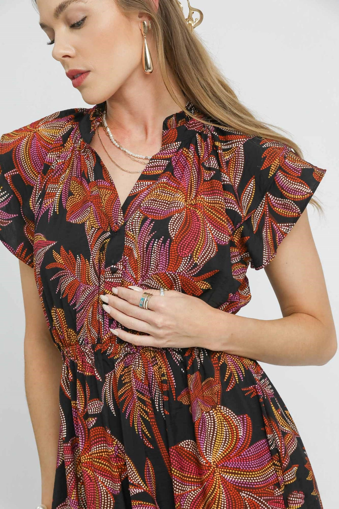 Umgee Mix Ruffle Sleeve Tropical Midi Dress DAME BOHEME