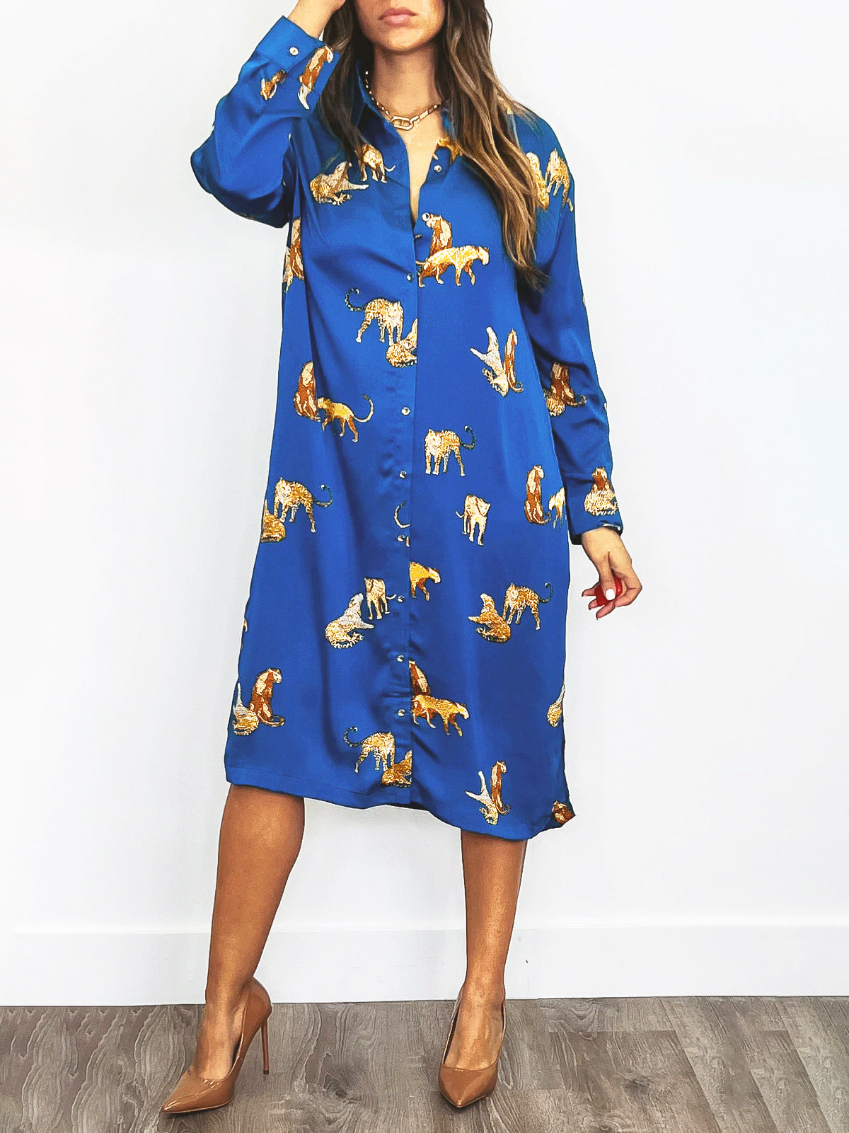 Umgee Animal Print Royal Blue Midi Shirt Dress DAME BOHEME