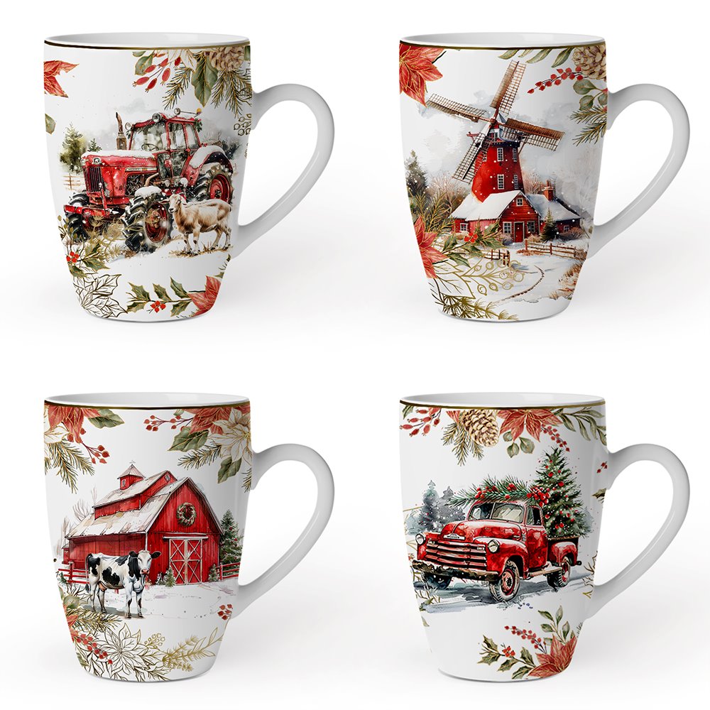 Fancy Farmhouse Holiday Set of 4 Ceramic Mugs DAME BOHEME