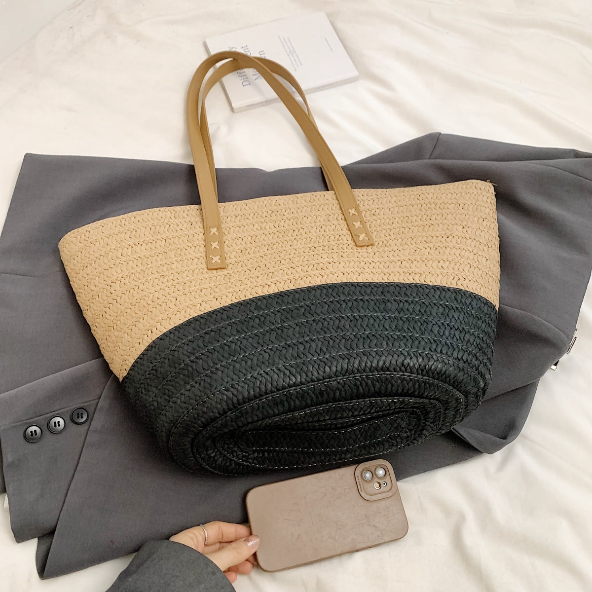 Colorblock Woven Straw Braided Large Tote Handbag