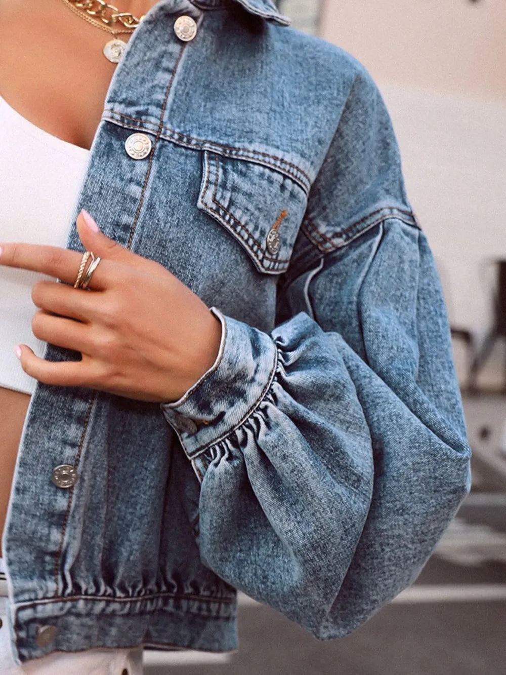 Collared Neck Dropped Shoulder Denim Jacket Trendsi
