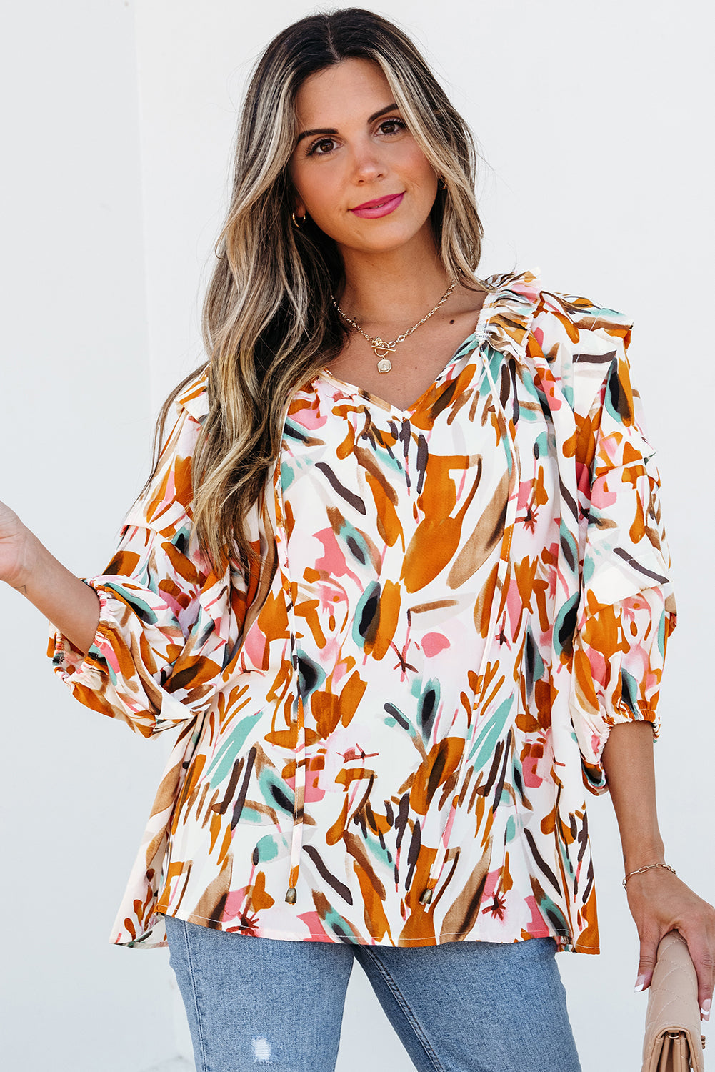 Aurelia Drawstring Frilled V Neck 3/4 Sleeve Blouse DAME BOHEME