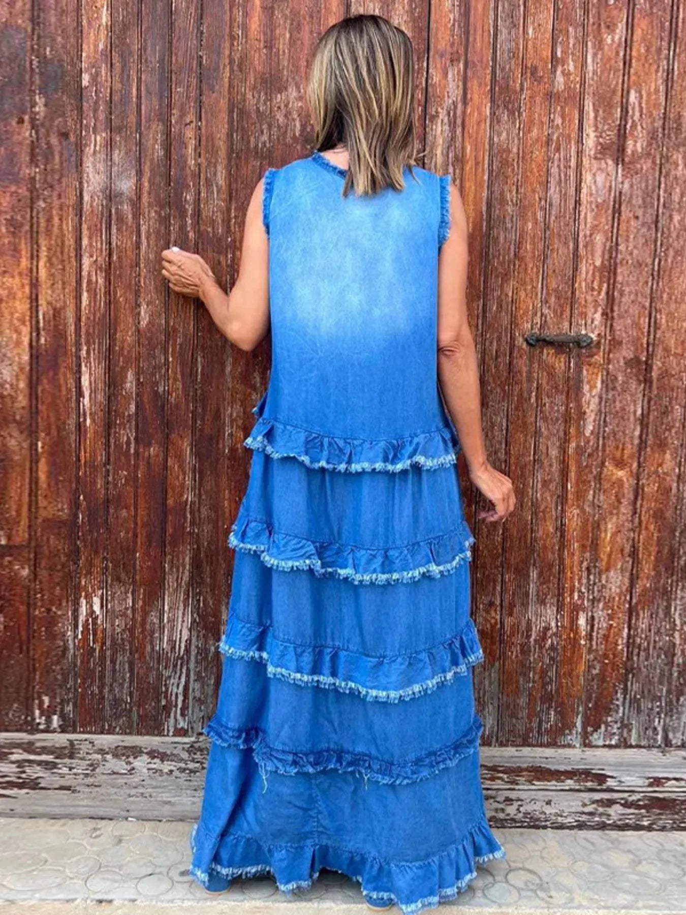 Raw Hem Layered Denim Maxi Dress Plus Size Trendsi