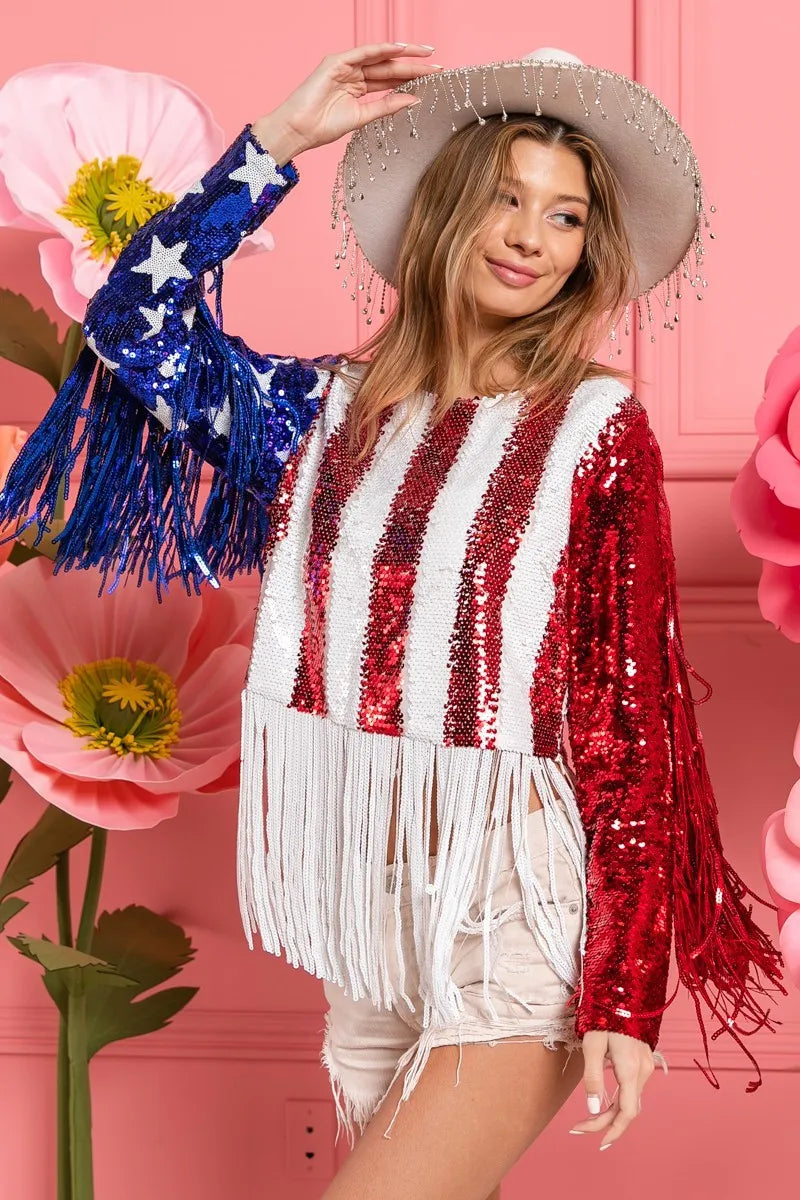 BiBi American Flag Theme Fringe Detailed Sequins Crop Top Trendsi