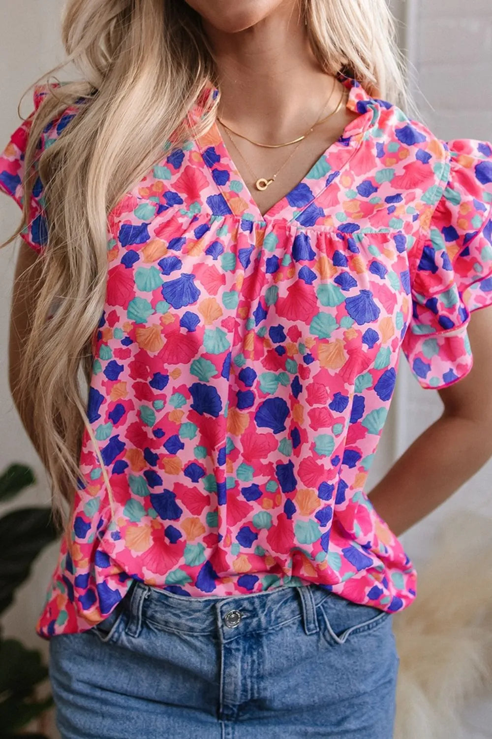 Abstract Print Ruffled Sleeve Notched Blouse Simply Love