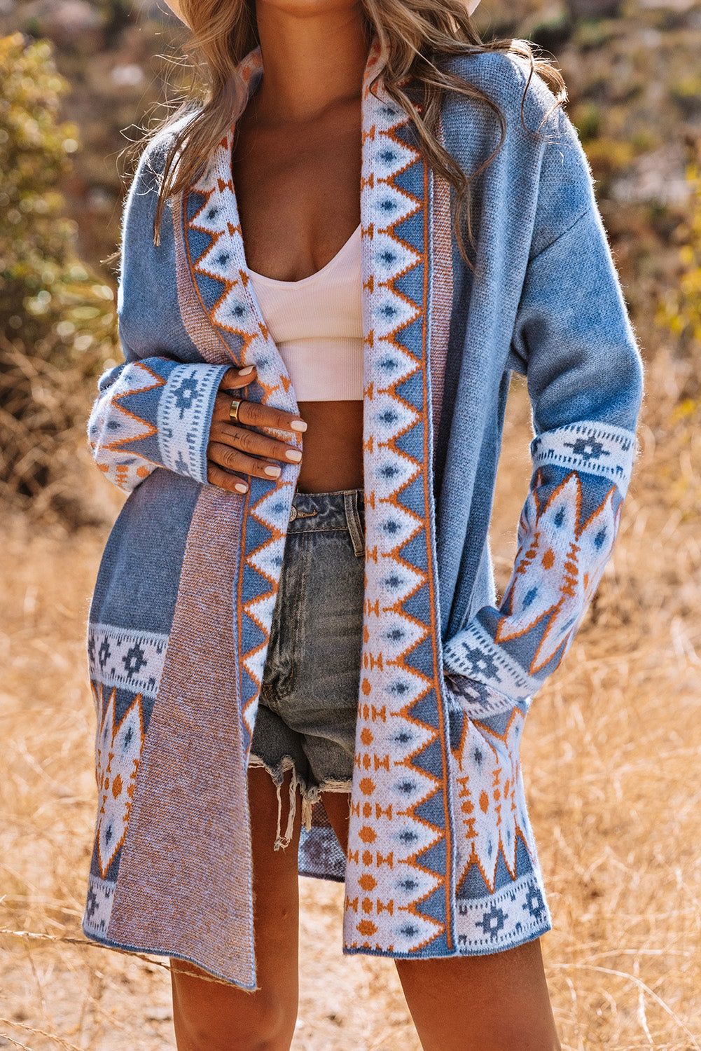 Ariah Aztec Print Open Front Knitted Cardigan DAME BOHEME