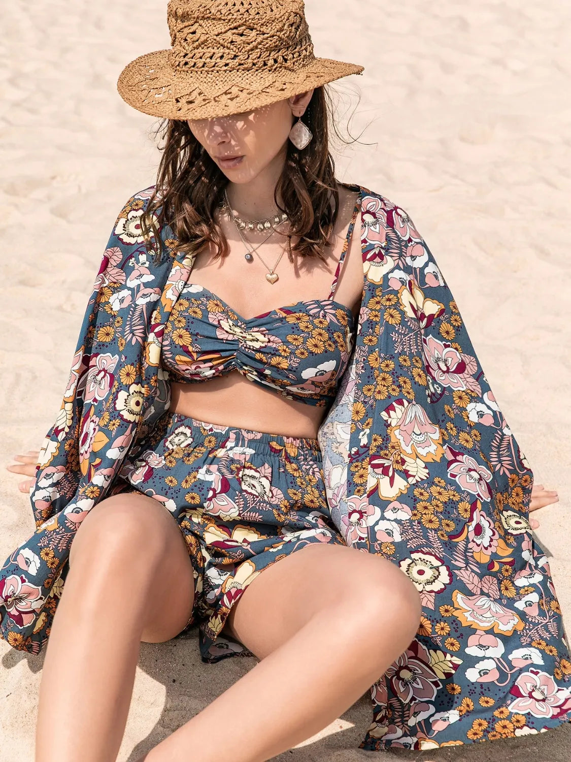 Printed Bra, Cover-Up and Shorts Set Trendsi