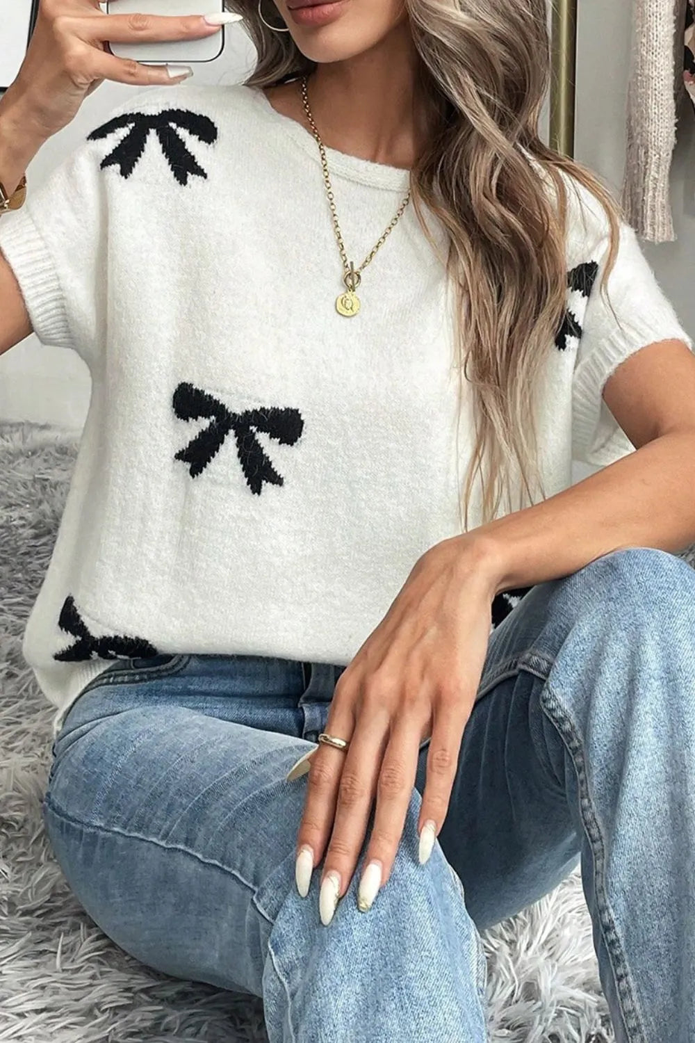 Bow Pattern Knit Short Sleeve Sweater DAME BOHEME