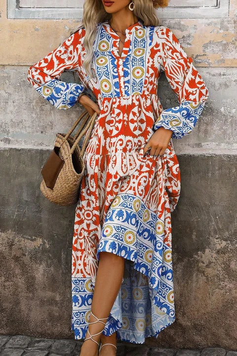 Bohemian Vintage Printed Notched Long Sleeve Maxi Dress Trendsi