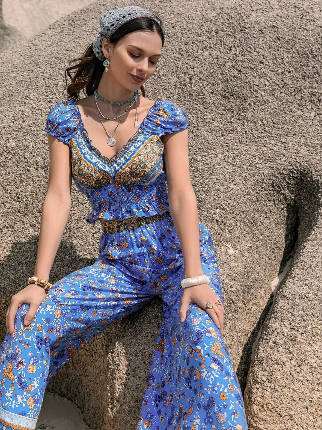 Boho Chic Printed V-Neck Top and Pants Set Trendsi