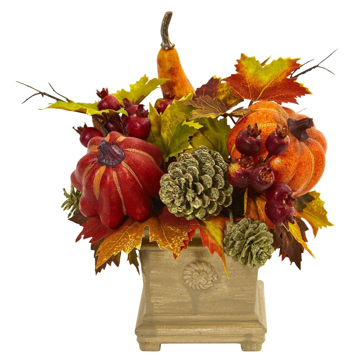 11" Pumpkin, Gourd, Berry and Maple Leaf Artificial Arrangement" DAME BOHEME