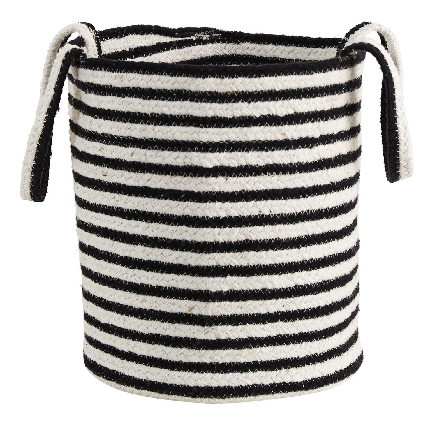 13” Boho Chic Basket Natural Cotton, Handwoven Black and White Stripe with Handles DAME BOHEME