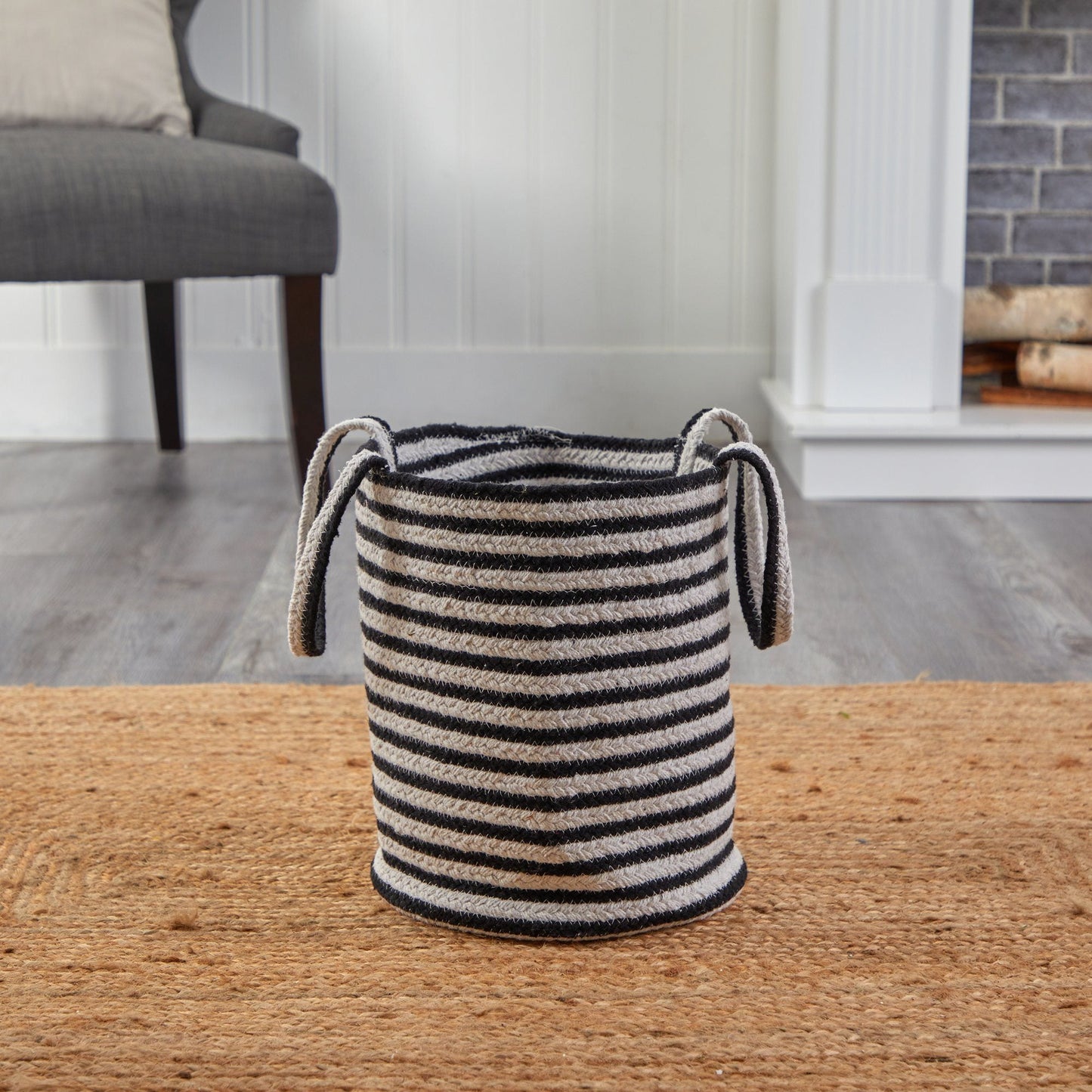 13” Boho Chic Basket Natural Cotton, Handwoven Black and White Stripe with Handles DAME BOHEME