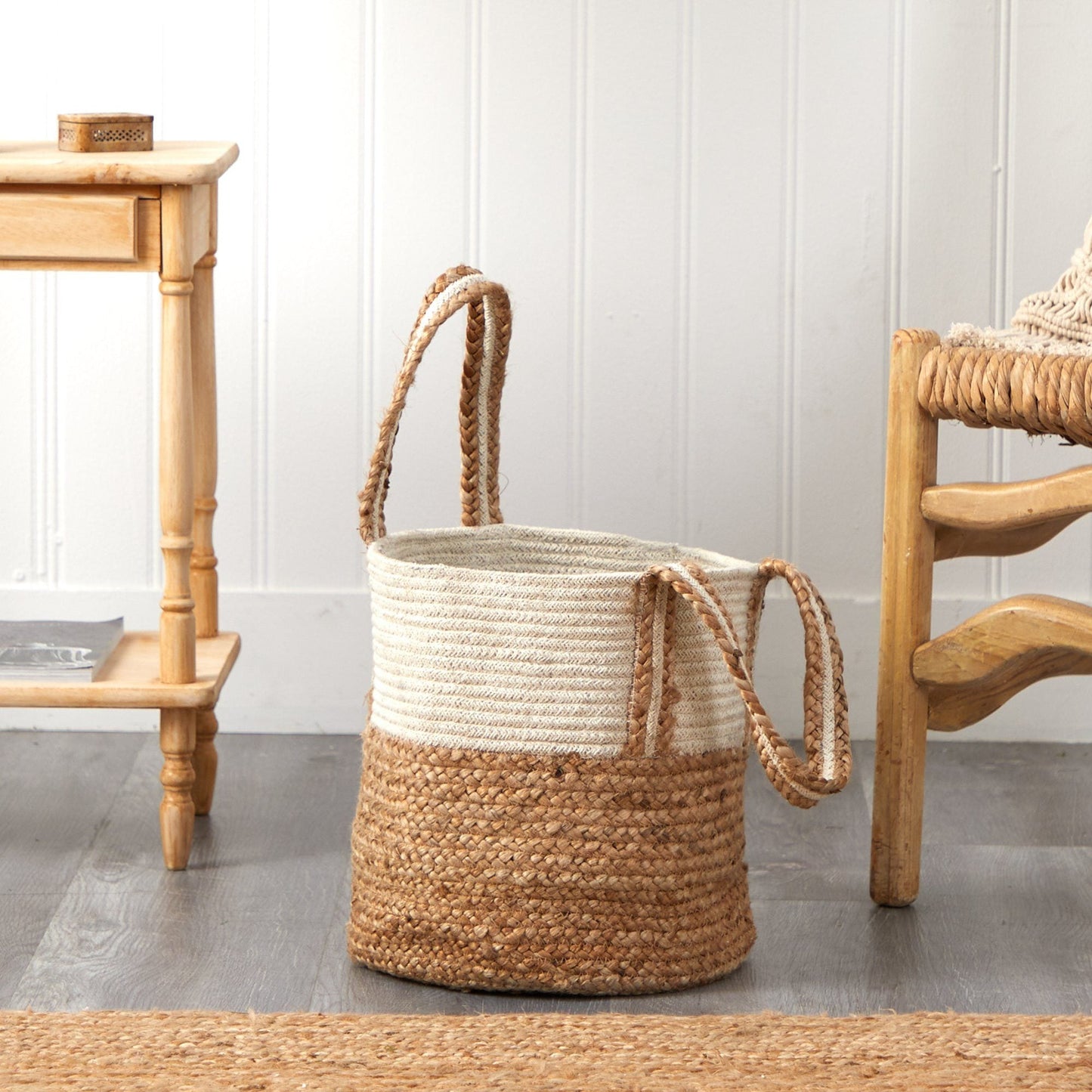 14” Boho Chic Basket Natural Cotton and Jute with Handles DAME BOHEME