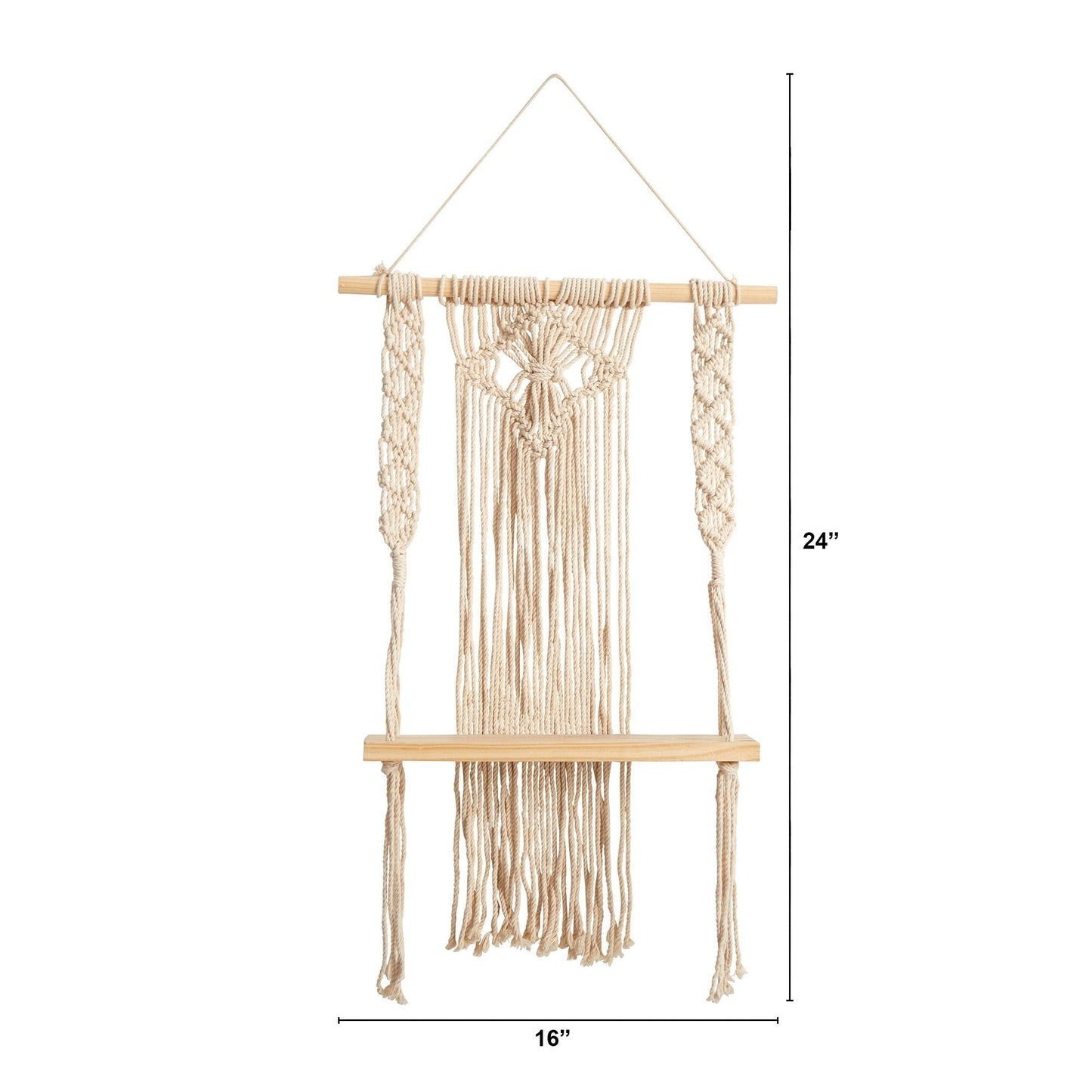 24" Boho Chic Wood Macrame Single Shelf Woven Diamond Wall Art Décor DAME BOHEME
