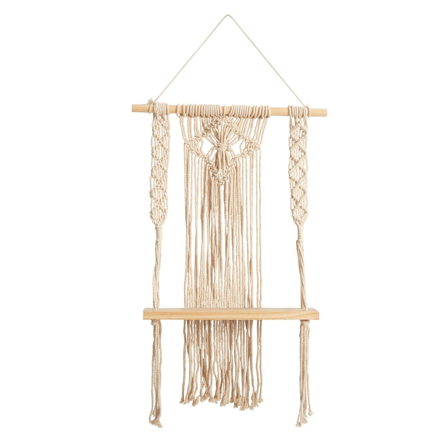 24" Boho Chic Wood Macrame Single Shelf Woven Diamond Wall Art Décor" DAME BOHEME