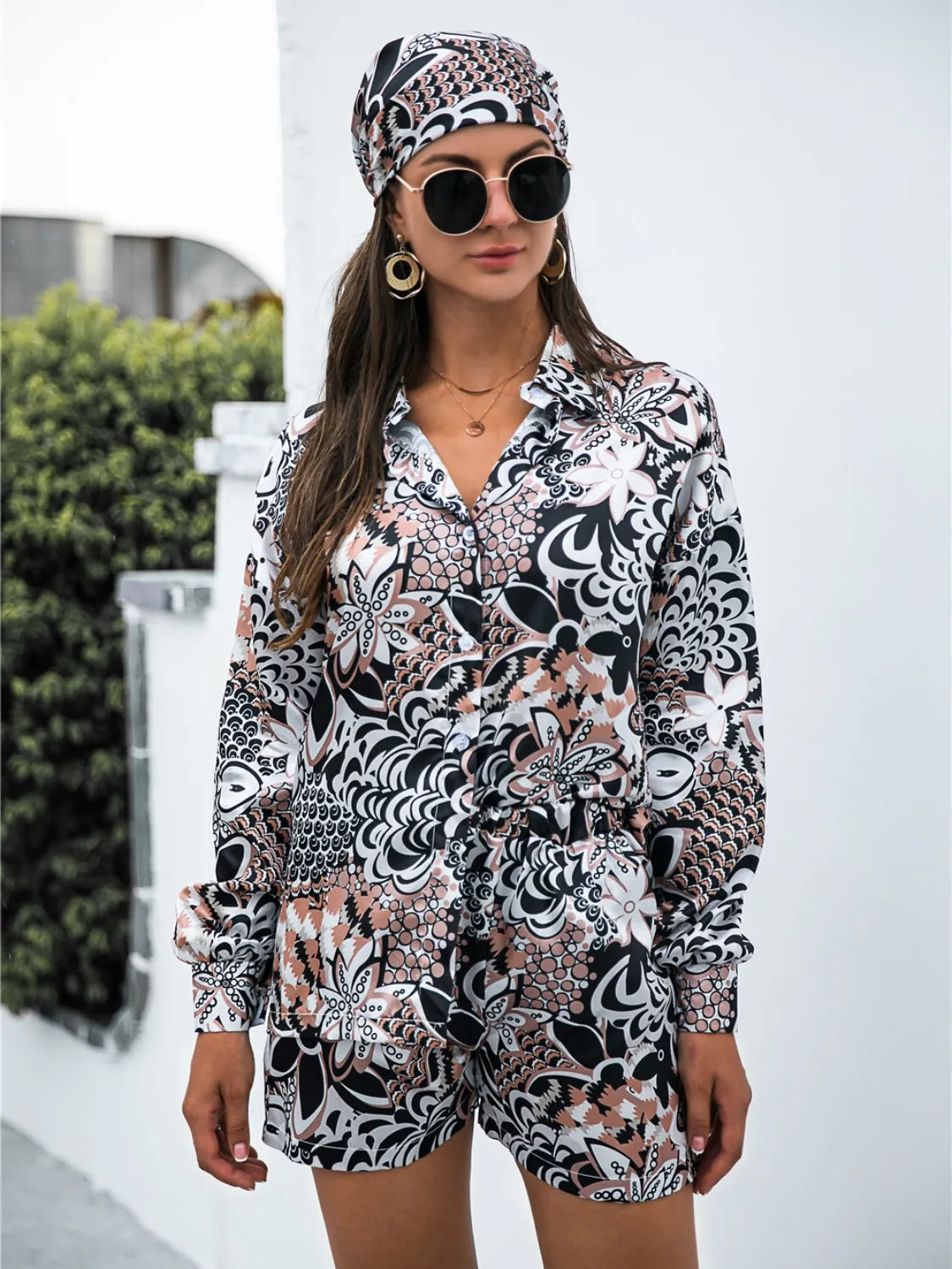 Printed Button Up Long Sleeve Shirt and Shorts 3 Pc Set Trendsi