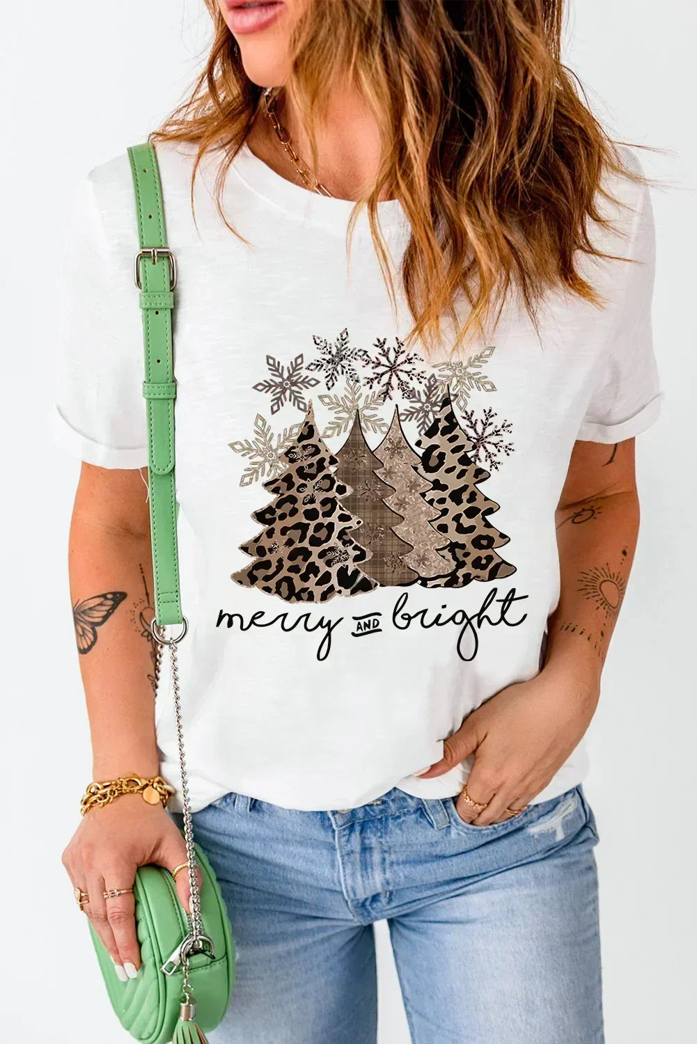 White Leopard Christmas Tree Graphic Tee – Festive & Fierce Crewneck DAME BOHEME