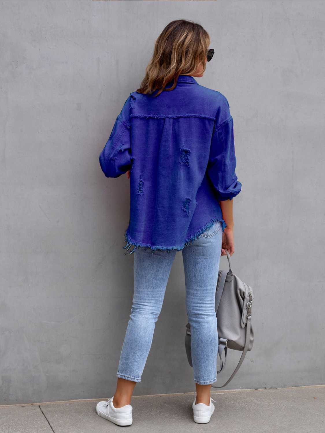 Distressed Drop Shoulder Denim Jacket Plus Size Trendsi