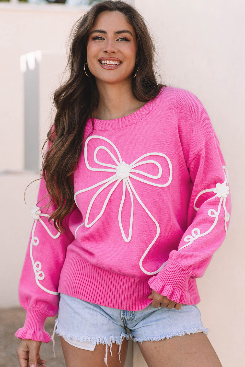 Corded Flower Bow Ribbed Trim Casual Sweater DAME BOHEME