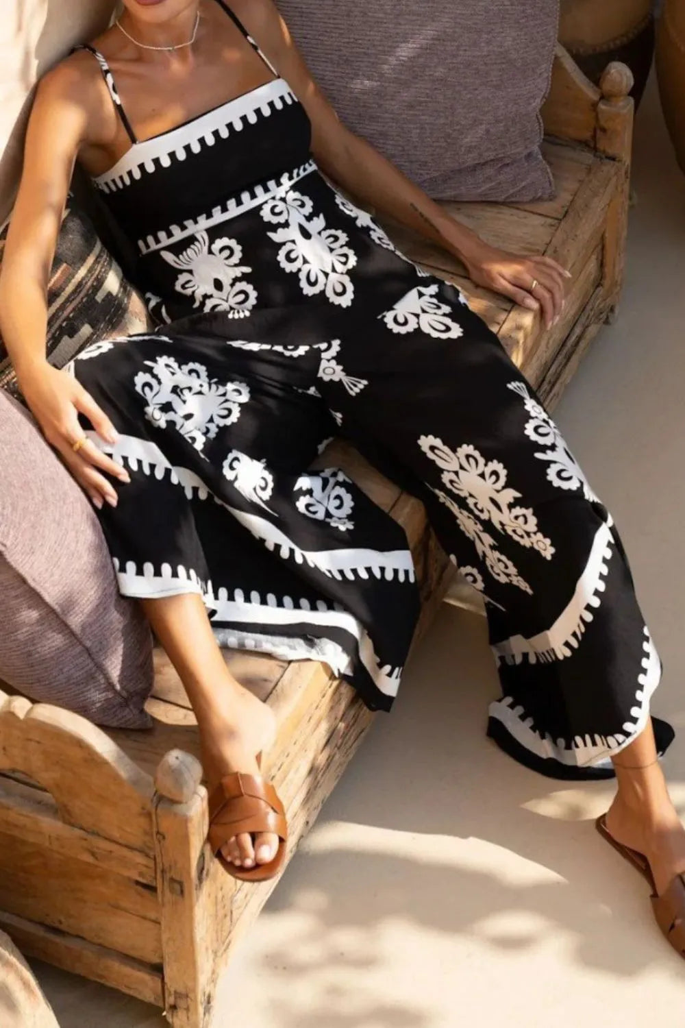 Printed Square Neck Cami and Wide Leg Pants Set Trendsi