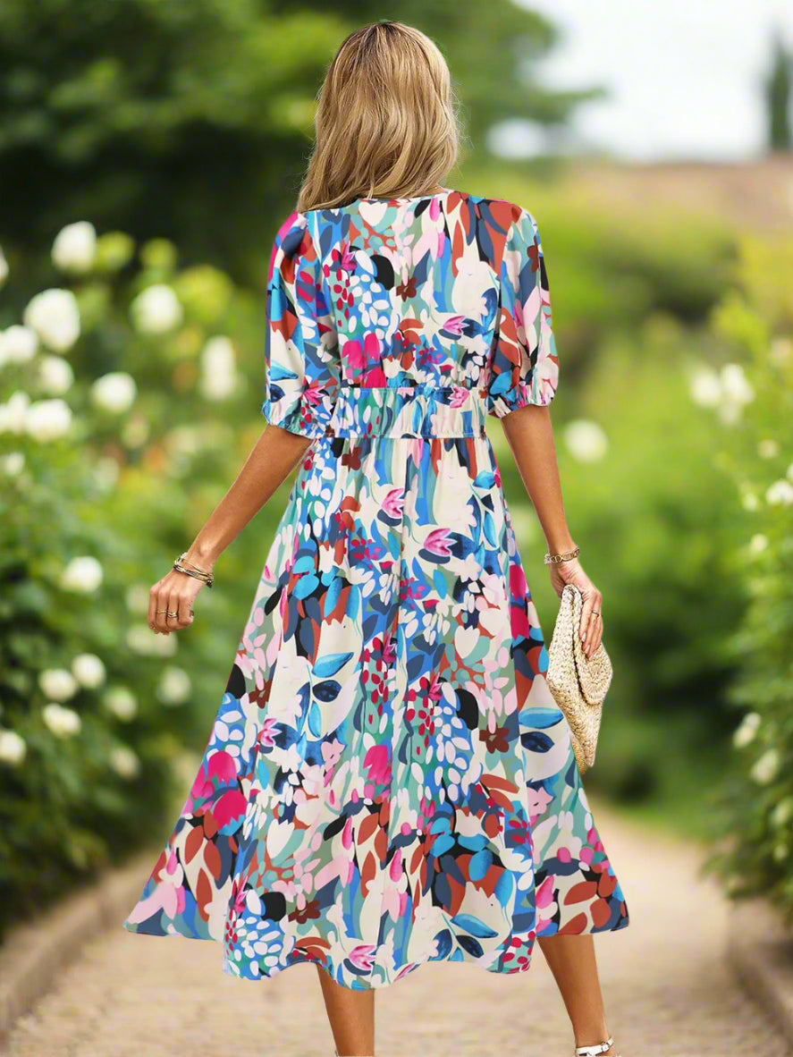 Ruched Roses Surplice Short Sleeve Dress Trendsi