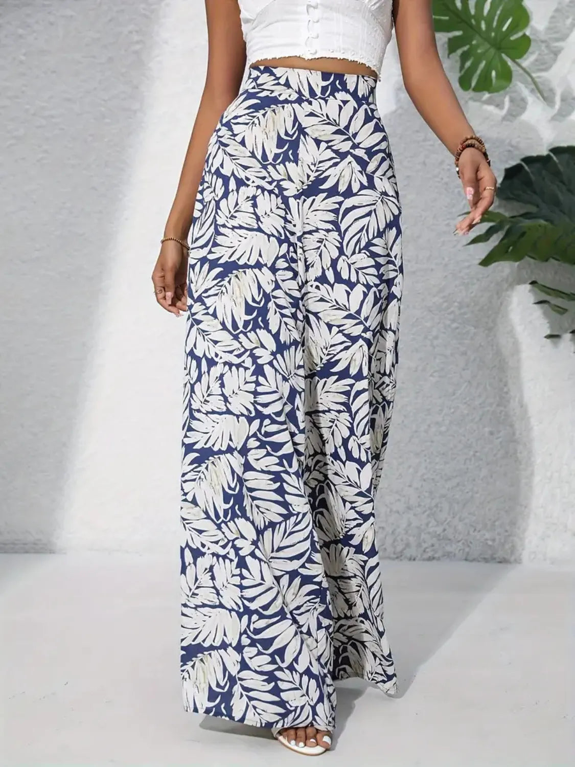 Tropical Print High Waist Wide Leg Pants Trendsi
