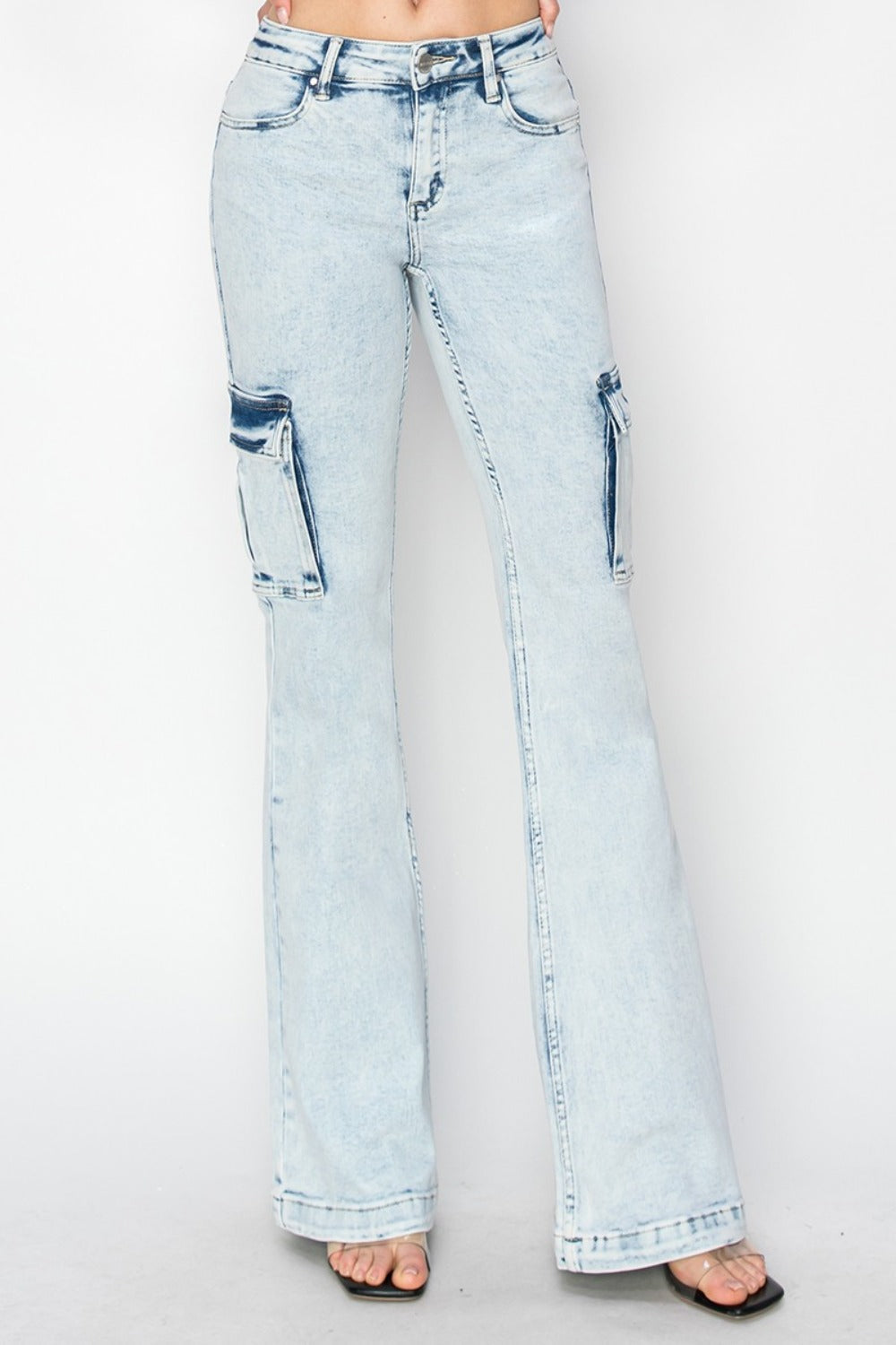 RISEN Full Size High Rise Cargo Flare Jeans DAME BOHEME
