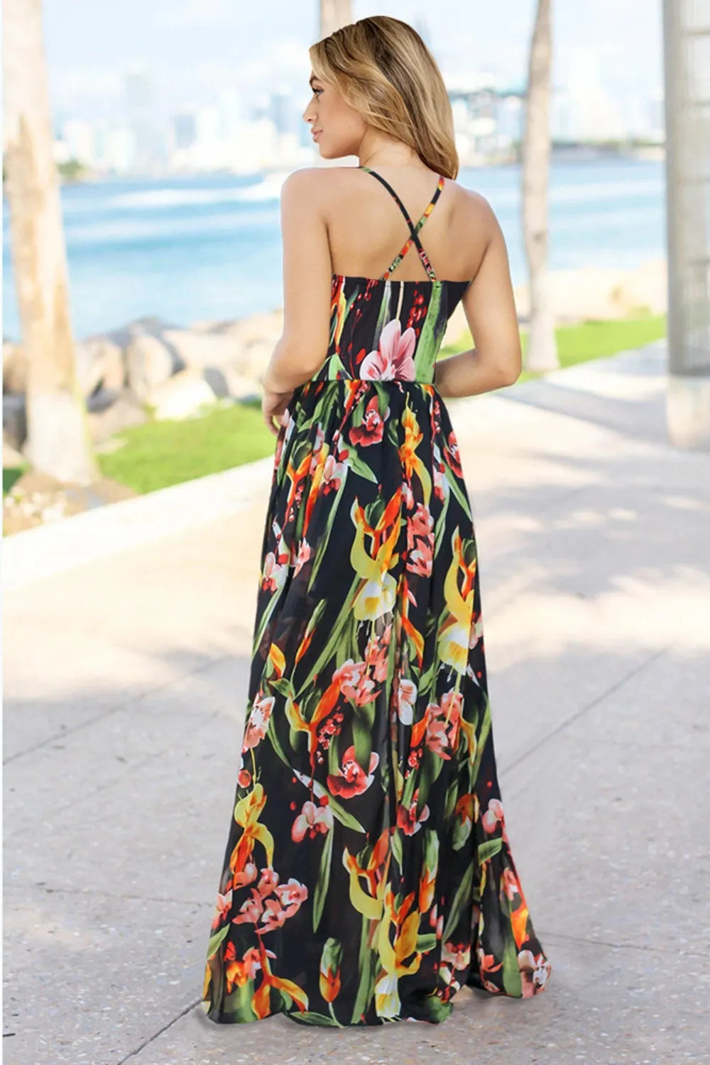 Crisscross Printed Surplice Cami Maxi Dress Trendsi