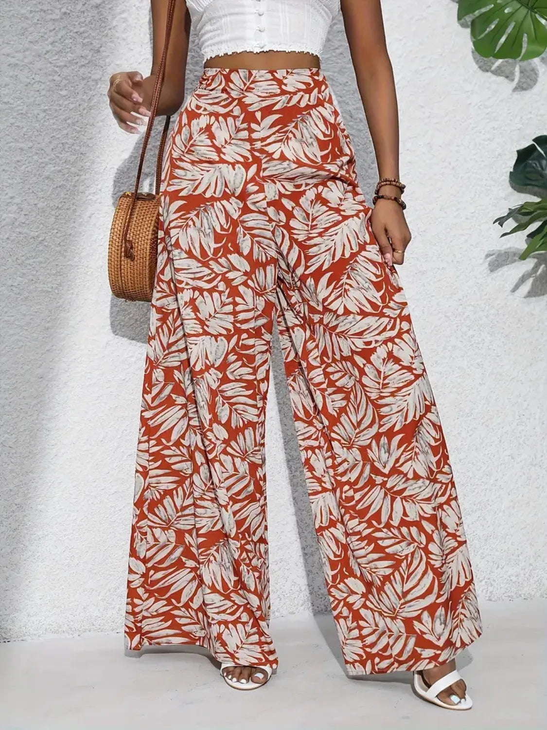 Tropical Print High Waist Wide Leg Pants Trendsi