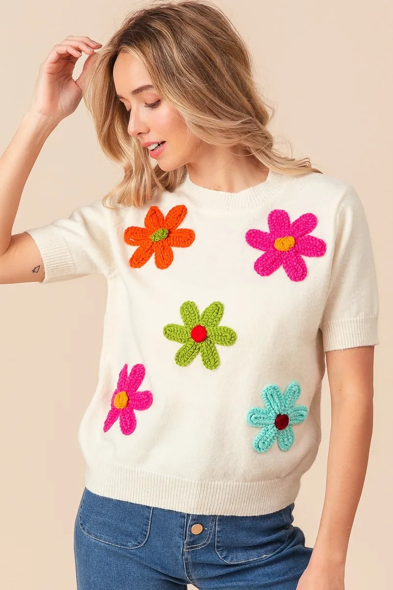 BiBi Crochet Flower Patch Sweater Top Trendsi