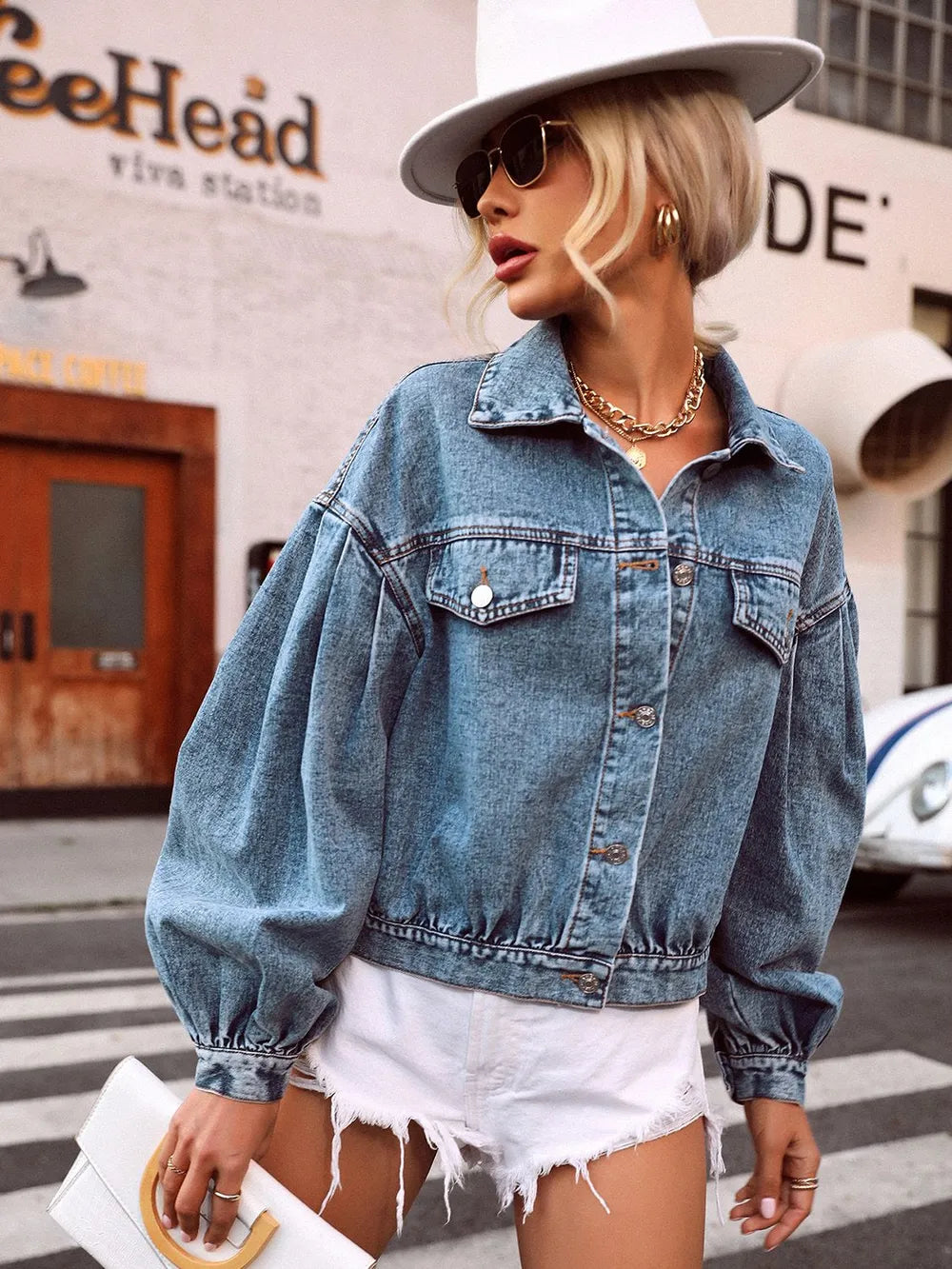 Collared Neck Dropped Shoulder Denim Jacket Trendsi