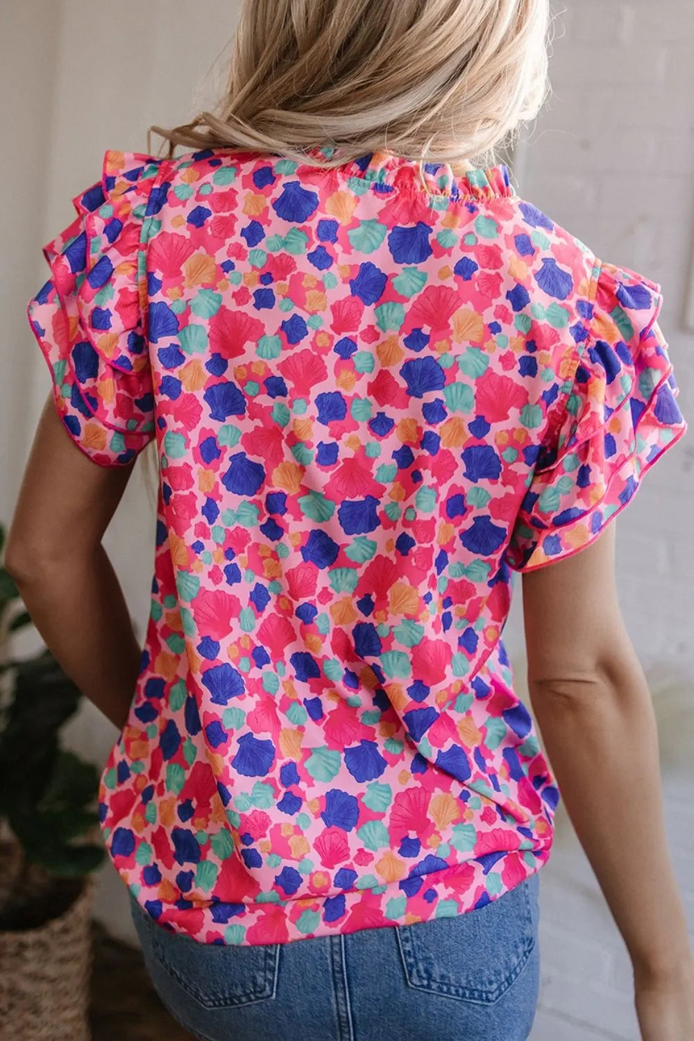 Abstract Print Ruffled Sleeve Notched Blouse Simply Love