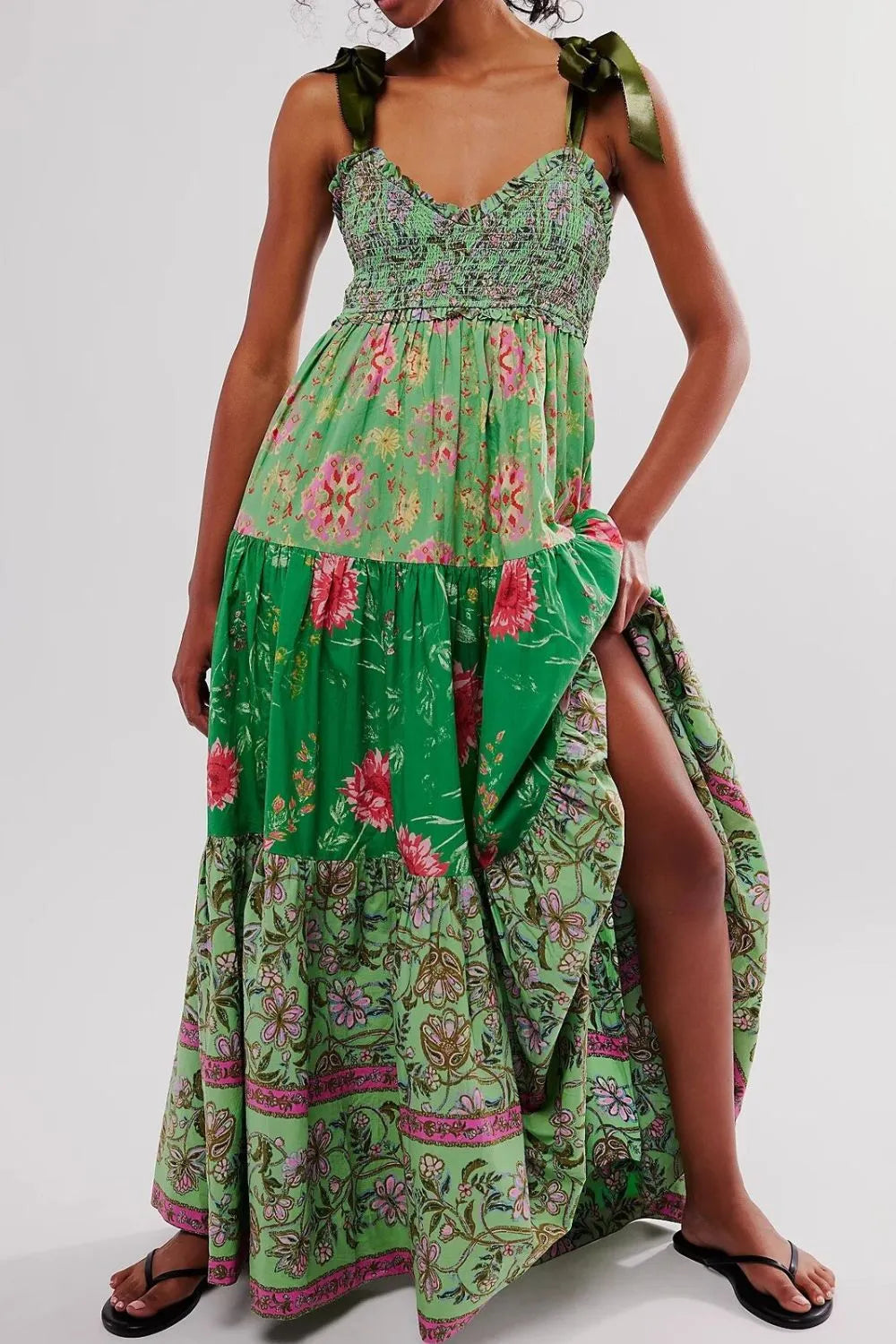 Floral Tiered Maxi Dress with Mixed Print Design Trendsi