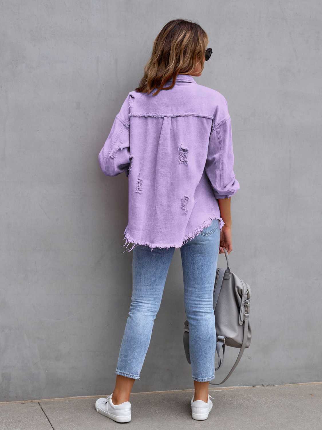 Distressed Drop Shoulder Denim Jacket Plus Size Trendsi