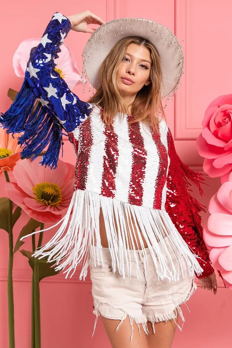 BiBi American Flag Theme Fringe Detailed Sequins Crop Top Trendsi