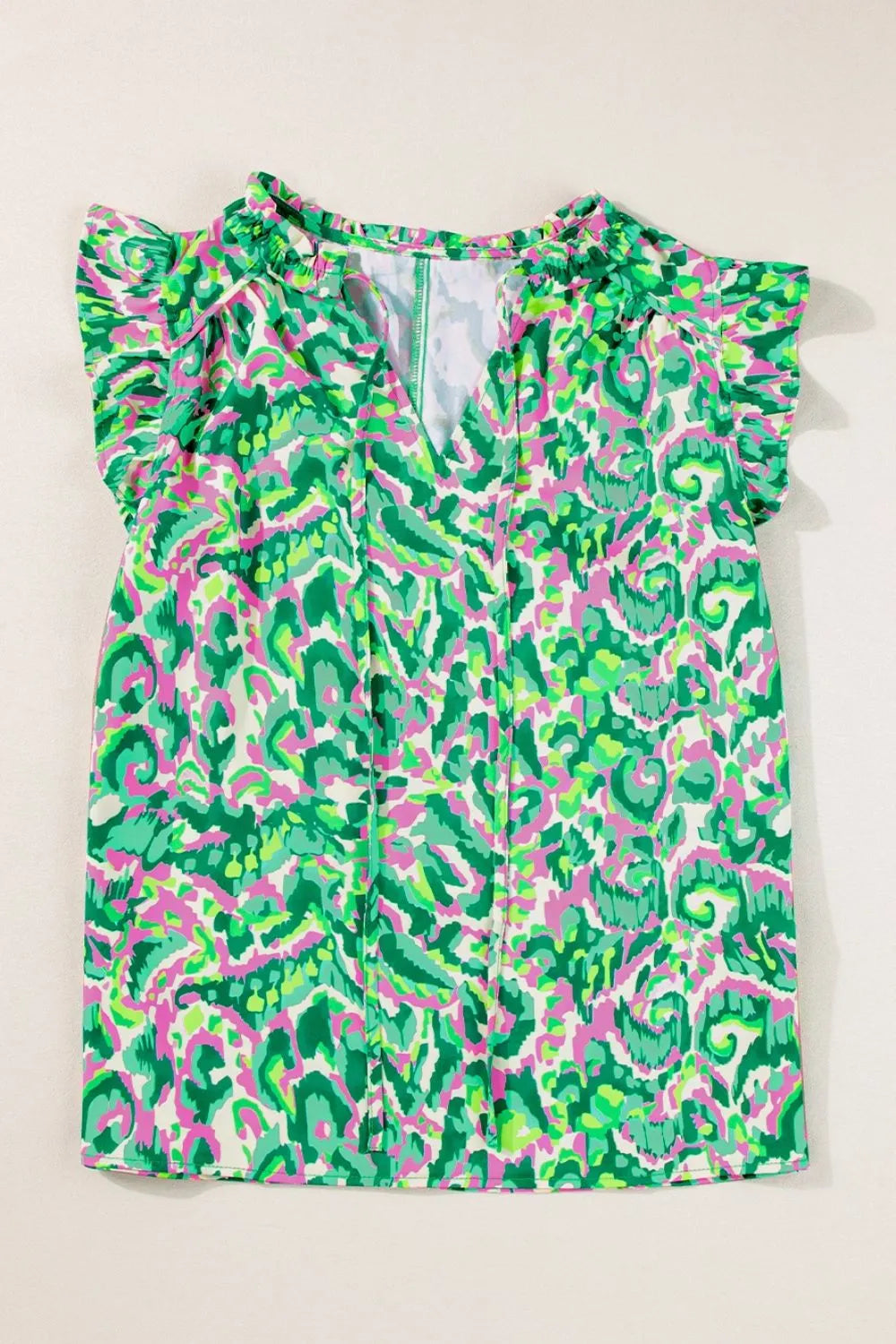 Abstract Print Ruffled Trim Tie Neck Top Simply Love
